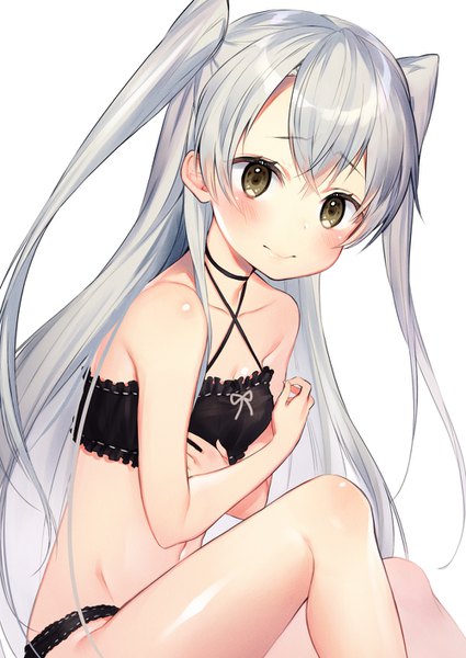 Anime picture 1000x1412 with kantai collection amatsukaze destroyer shirako sei single long hair tall image looking at viewer blush light erotic simple background smile white background sitting brown eyes silver hair two side up underwear only groin girl underwear