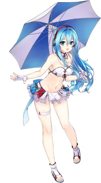 Anime picture 760x1377 with original kuro (kuronell) single long hair tall image looking at viewer fringe breasts open mouth light erotic simple background smile hair between eyes standing white background bare shoulders holding blue hair full body aqua eyes