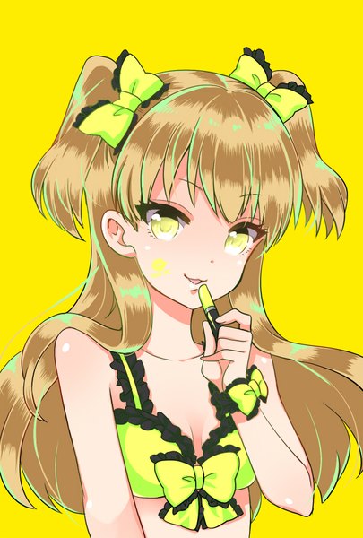 Anime picture 600x888 with idolmaster idolmaster cinderella girls jougasaki rika ohlala single long hair tall image fringe simple background blonde hair yellow eyes upper body parted lips two side up yellow background :3 lipstick mark girl bow hair bow