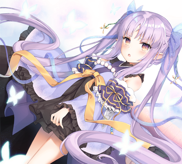 Anime picture 1000x900 with princess connect! re:dive princess connect! kyouka (princess connect!) kanora single looking at viewer blush fringe breasts open mouth standing bare shoulders brown eyes payot purple hair blunt bangs very long hair traditional clothes japanese clothes pointy ears