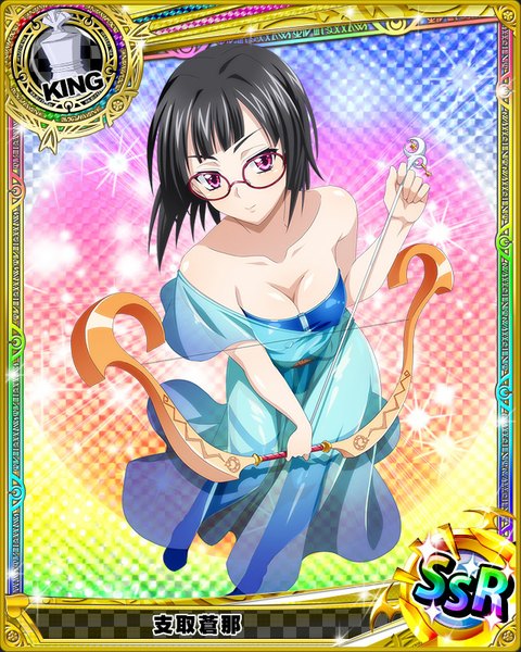 Anime picture 640x800 with highschool dxd sona sitri single tall image looking at viewer short hair black hair purple eyes bare shoulders card (medium) girl dress weapon glasses bow (weapon)