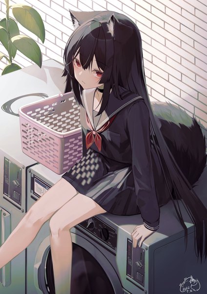 Anime picture 1696x2400 with original mayogii single tall image blush fringe black hair hair between eyes red eyes sitting signed animal ears looking away indoors tail long sleeves animal tail pleated skirt bare legs fox ears