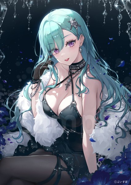 Anime picture 900x1272 with virtual youtuber vspo! yakumo beni ttosom single long hair tall image looking at viewer fringe breasts light erotic hair between eyes large breasts purple eyes bare shoulders cleavage nail polish parted lips aqua hair inscription