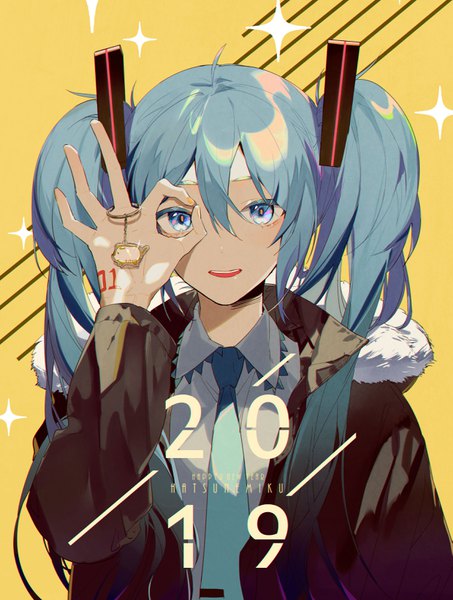 Anime picture 2480x3279 with vocaloid hatsune miku zhibuji loom single long hair tall image looking at viewer fringe highres blue eyes hair between eyes twintails upper body nail polish aqua hair open jacket sparkle character names new year yellow background