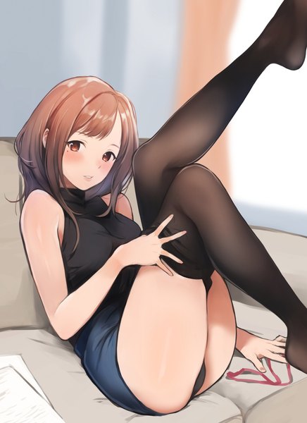 Anime picture 2686x3698 with original doushimasho single long hair tall image looking at viewer blush fringe highres breasts light erotic smile brown hair sitting bare shoulders brown eyes ass indoors parted lips blurry