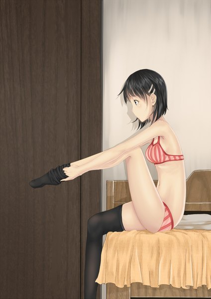 Anime picture 1500x2121 with sword art online a-1 pictures kirigaya suguha wenhe tall image short hair light erotic black hair profile black eyes legs underwear only girl thighhighs underwear panties black thighhighs