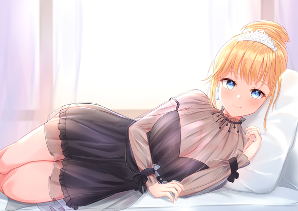 Anime picture 3035x2150 with virtual youtuber hololive hololive english watson amelia heckler kai single looking at viewer blush fringe highres short hair breasts blue eyes light erotic blonde hair large breasts absurdres cleavage indoors lying