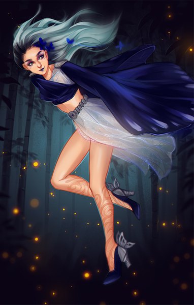 Anime picture 901x1413 with original aleshkina single long hair tall image blue eyes black hair blue hair looking away bent knee (knees) multicolored hair wide sleeves two-tone hair midriff tattoo high heels lipstick flying makeup blue lipstick