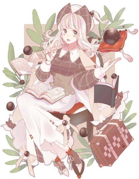 Anime picture 2604x3348 with gourmet kizuna nikki sumiko single long hair tall image blush fringe highres open mouth simple background sitting looking away full body white hair blunt bangs long sleeves grey eyes high heels clothes on shoulders outline