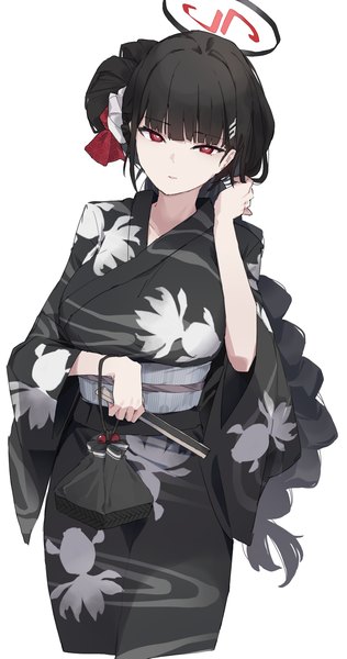 Anime picture 1080x2048 with blue archive rio (blue archive) makkurourufu single long hair tall image fringe black hair simple background red eyes white background traditional clothes japanese clothes animal print fish print girl obi halo fan yukata