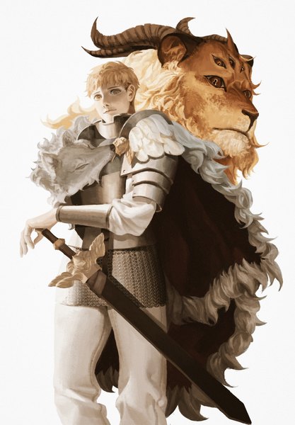 Anime picture 2767x3984 with dungeon meshi studio trigger laios touden winged lion (dungeon meshi) x37tc single tall image highres short hair simple background blonde hair standing white background yellow eyes horn (horns) sheathed knight boy weapon animal
