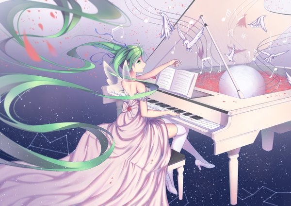 Anime picture 1414x1000 with vocaloid hatsune miku kr (sapphire) single twintails looking away very long hair aqua eyes aqua hair insect wings butterfly wings girl thighhighs dress animal white thighhighs wings white dress bird (birds) musical instrument