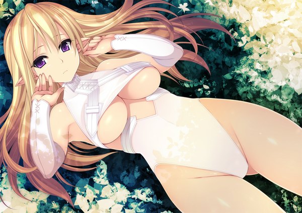 Anime picture 1023x723 with original kinoshita ichi single long hair looking at viewer breasts light erotic blonde hair large breasts purple eyes bare shoulders lying pointy ears elf girl