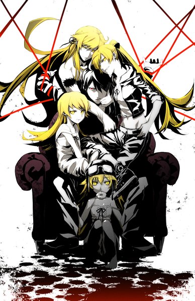 Anime-Bild 1000x1545 mit bakemonogatari shaft (studio) monogatari (series) oshino shinobu araragi koyomi kissshot acerolaorion heartunderblade pizaya long hair tall image looking at viewer fringe short hair black hair blonde hair red eyes sitting multiple girls yellow eyes ahoge midriff