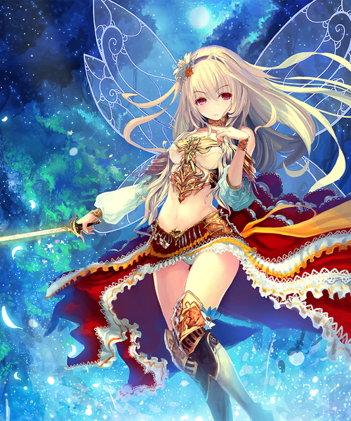 Anime picture 853x1024 with shingeki no bahamut tachikawa mushimaro (bimo) single long hair tall image light erotic blonde hair red eyes holding bent knee (knees) hair flower midriff girl skirt navel underwear panties flower (flowers) weapon detached sleeves