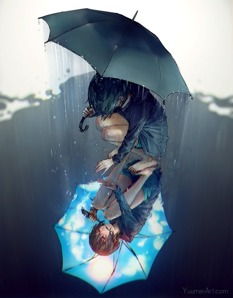 Anime picture 1000x1281 with original yuumei single tall image short hair open mouth holding barefoot bare legs wet outstretched arm reflection rain squat different reflection sky print girl shorts umbrella