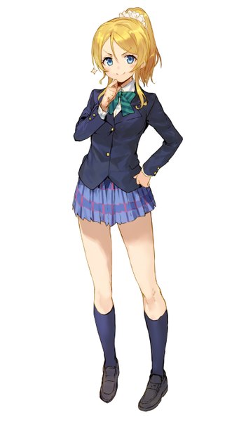 Anime picture 820x1399 with love live! school idol project sunrise (studio) love live! ayase eli shirabi single long hair tall image looking at viewer blue eyes simple background blonde hair smile white background ponytail plaid skirt girl skirt uniform school uniform