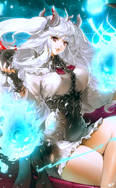 Anime-Bild 1329x2151 mit original nike1060 single long hair tall image looking at viewer fringe breasts red eyes large breasts sitting holding signed ahoge white hair blunt bangs nail polish parted lips fingernails two side up