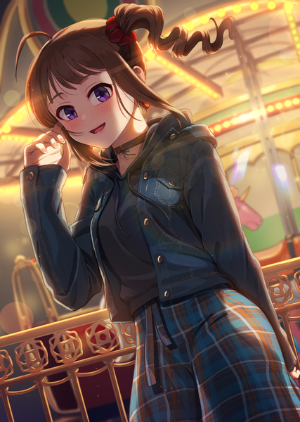 Anime picture 825x1160 with idolmaster idolmaster million live! yokoyama nao kamille (vcx68) single tall image looking at viewer blush fringe short hair open mouth smile brown hair standing purple eyes payot ahoge :d wind blurry
