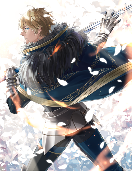 Anime picture 791x1025 with fate (series) fate/grand order gawain (fate) noes single tall image looking at viewer short hair blue eyes blonde hair ahoge profile fur trim boy weapon petals sword armor fur