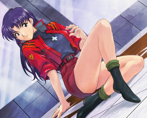 Anime picture 1280x1024 with neon genesis evangelion gainax katsuragi misato hamaya shinichi single long hair looking at viewer fringe smile sitting brown eyes purple hair full body arm up arm support girl jacket boots belt cross