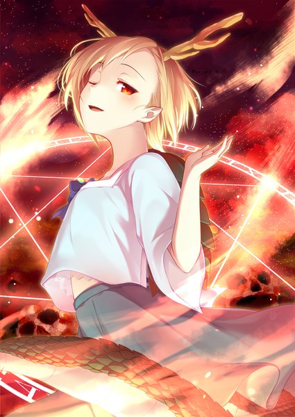 Anime picture 836x1180 with touhou kicchou yachie nnyara single tall image looking at viewer short hair open mouth blonde hair red eyes tail one eye closed arm up horn (horns) pointy ears slit pupils ;d dragon girl dragon tail aura