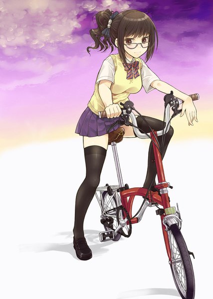 Anime picture 725x1019 with original kazu single long hair tall image looking at viewer black hair brown eyes ponytail girl thighhighs skirt uniform black thighhighs school uniform glasses vest ground vehicle sweater vest bicycle