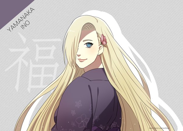 Anime picture 1538x1100 with naruto studio pierrot naruto (series) yamanaka ino ahri (will) single long hair looking at viewer fringe blue eyes simple background blonde hair smile signed upper body traditional clothes japanese clothes hair flower from behind hair over one eye