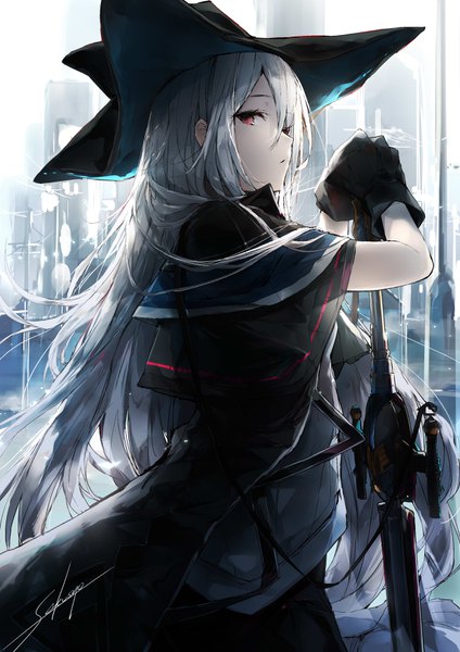 Anime picture 2480x3508 with arknights skadi (arknights) sakusyo single long hair tall image looking at viewer fringe highres hair between eyes red eyes standing holding signed profile grey hair girl gloves weapon hat