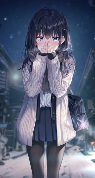 Anime picture 1848x3445 with original tokkyu single long hair tall image looking at viewer blush fringe highres blue eyes black hair hair between eyes standing outdoors pleated skirt blurry night open clothes depth of field night sky