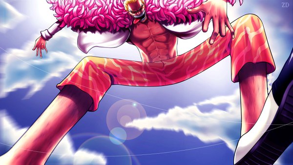 Anime picture 3000x1686 with one piece toei animation donquixote doflamingo zhang ding single highres short hair open mouth blonde hair smile wide image signed sky cloud (clouds) sunlight teeth from below open shirt fur trim looking down