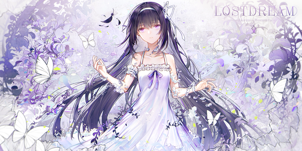 Anime picture 1600x800 with mahou shoujo madoka magica shaft (studio) akemi homura bai qi-qsr single long hair fringe black hair hair between eyes wide image standing purple eyes bare shoulders payot looking away outdoors parted lips arms up character names text