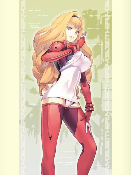 Anime picture 768x1024 with heavy object j.c. staff ohoho (heavy object) nagi ryou single long hair tall image looking at viewer fringe breasts light erotic blonde hair large breasts yellow eyes bent knee (knees) parted lips light smile official art copyright name grin