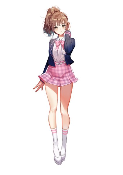 Anime picture 2480x3507 with original illian-san single long hair tall image looking at viewer blush fringe highres breasts simple background brown hair standing white background brown eyes full body ponytail long sleeves pleated skirt arm up