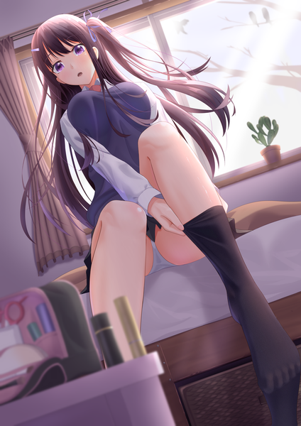Anime picture 1800x2546 with original kawakami hotori single long hair tall image looking at viewer blush fringe highres breasts open mouth light erotic brown hair large breasts sitting purple eyes bent knee (knees) indoors sunlight from below