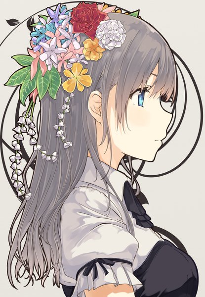 Anime picture 831x1200 with original hiwatari rin single long hair tall image fringe blue eyes simple background looking away profile hair flower grey hair grey background puffy sleeves girl hair ornament flower (flowers) rose (roses) leaf (leaves) red rose