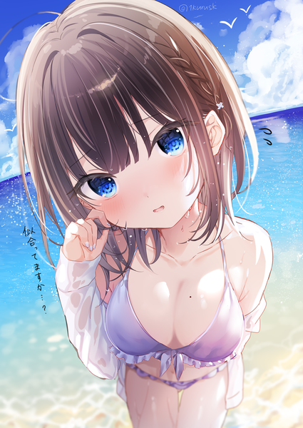 Anime picture 1003x1416 with original mafuyu (chibi21) single long hair tall image looking at viewer blush fringe breasts open mouth blue eyes light erotic black hair large breasts standing signed sky cleavage cloud (clouds) outdoors