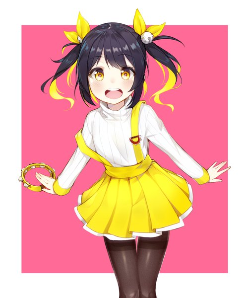 Anime picture 900x1080 with original tam tamborine the cold single tall image looking at viewer short hair open mouth black hair simple background blonde hair twintails yellow eyes payot pleated skirt multicolored hair two-tone hair teeth short twintails pink background
