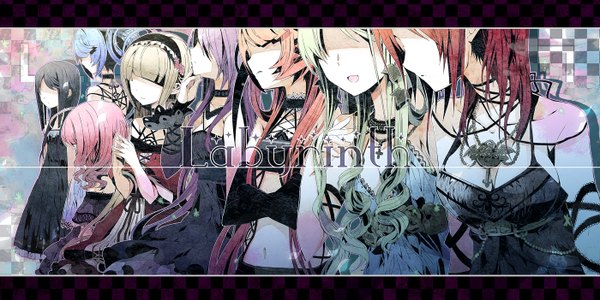 Anime picture 1400x702 with original furupati long hair short hair open mouth black hair blonde hair wide image bare shoulders multiple girls blue hair pink hair purple hair red hair green hair light smile from behind orange hair inscription group