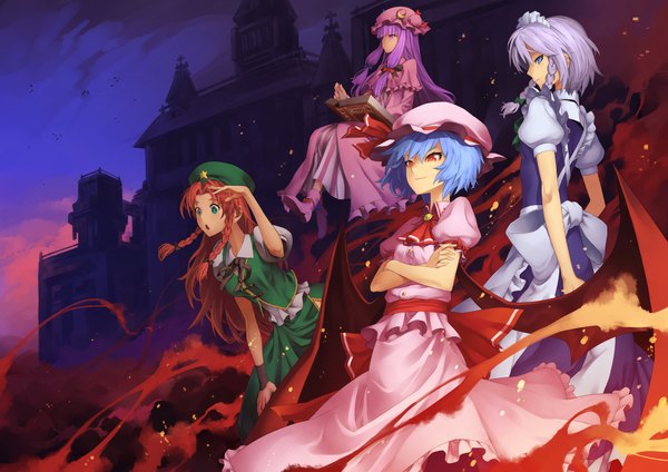 Anime picture 2000x1414 with touhou remilia scarlet izayoi sakuya patchouli knowledge hong meiling kunieda highres blue eyes red eyes multiple girls blue hair silver hair purple hair red hair braid (braids) aqua eyes maid twin braids chinese clothes group