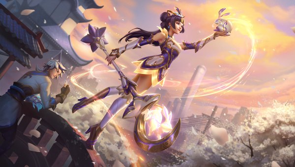 Anime picture 4096x2327 with league of legends lux (league of legends) ezreal (league of legends) forrest imel long hair fringe highres blue eyes black hair wide image standing holding looking away absurdres full body outdoors white hair blunt bangs nail polish multicolored hair