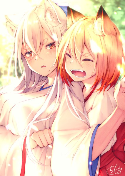 Anime-Bild 1417x2000 mit original chita (ketchup) long hair tall image looking at viewer blush fringe short hair open mouth blonde hair hair between eyes red eyes white background multiple girls signed animal ears outdoors eyes closed traditional clothes head tilt