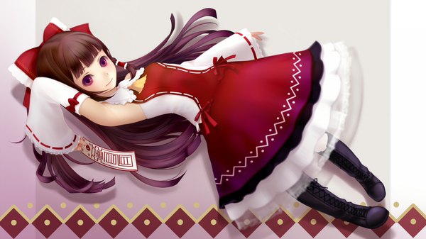 Anime picture 1920x1080 with touhou hakurei reimu yori (shitsuon) single long hair highres black hair wide image pink eyes armpit (armpits) lacing girl dress bow hair bow detached sleeves boots