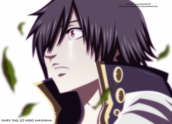 Anime picture 1000x722 with fairy tail zeref seireiart single fringe short hair black hair white background hair over one eye inscription grey eyes tears coloring portrait boy leaf (leaves) cloak