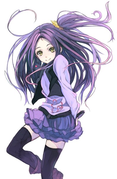 Anime picture 791x1200 with precure suite precure toei animation seiren (suite precure) kurokawa ellen toromi chuka single long hair tall image looking at viewer blush simple background smile white background yellow eyes purple hair one side up hands behind back girl thighhighs