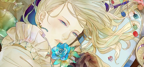 Anime picture 1000x470 with original saiga tokihito long hair blonde hair wide image aqua eyes boy gloves flower (flowers) earrings food rose (roses) table berry (berries) wine glass blue rose