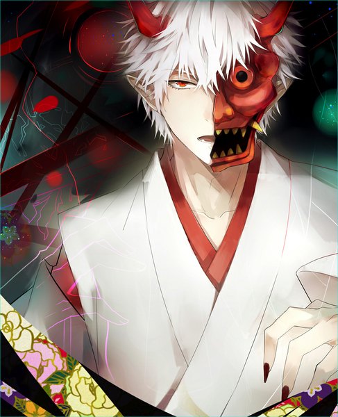 Anime picture 811x1000 with gintama sunrise (studio) sakata gintoki zxs1103 single tall image short hair open mouth red eyes white hair nail polish traditional clothes japanese clothes horn (horns) fingernails pointy ears teeth fang (fangs) long fingernails black nail polish