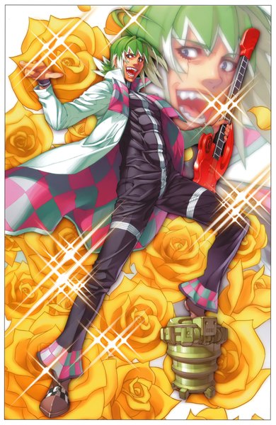 Anime picture 2621x4031 with demonbane doctor west single long hair tall image highres open mouth blue eyes standing green hair piercing framed checkered boy flower (flowers) jacket rose (roses) guitar bass guitar