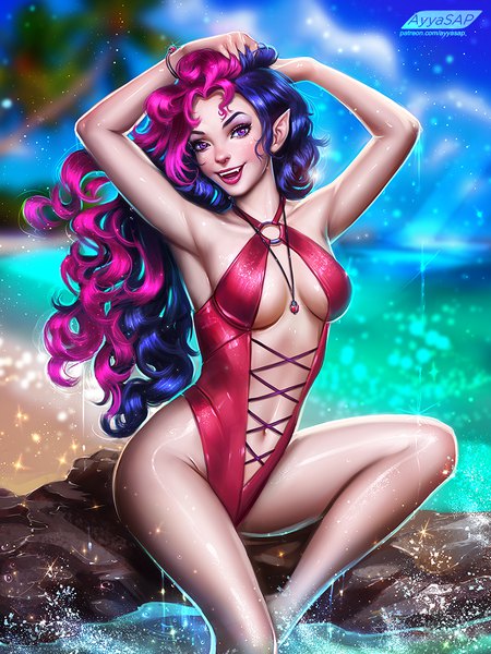 Anime picture 825x1100 with original ayyasap single long hair tall image looking at viewer fringe light erotic sitting purple eyes signed blue hair pink hair sky cloud (clouds) bent knee (knees) multicolored hair pointy ears sunlight blurry