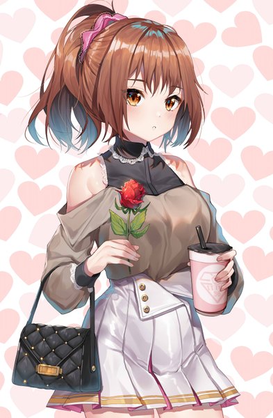 Anime picture 2300x3507 with original illian-san single tall image looking at viewer blush fringe highres short hair breasts simple background hair between eyes brown hair standing bare shoulders holding brown eyes payot ponytail long sleeves
